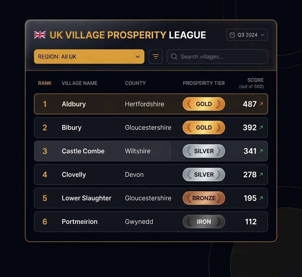 League table interface showing ranked UK villages with tier badges and prosperity scores