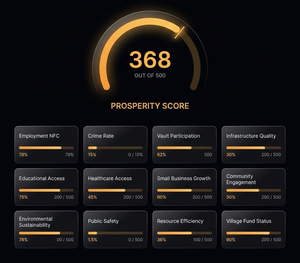 Scoring calibration dashboard with 12 metric sliders and a radial prosperity score gauge