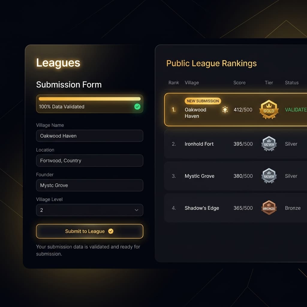 Data submission flow with upload progress, validation checkmark, and public league table preview